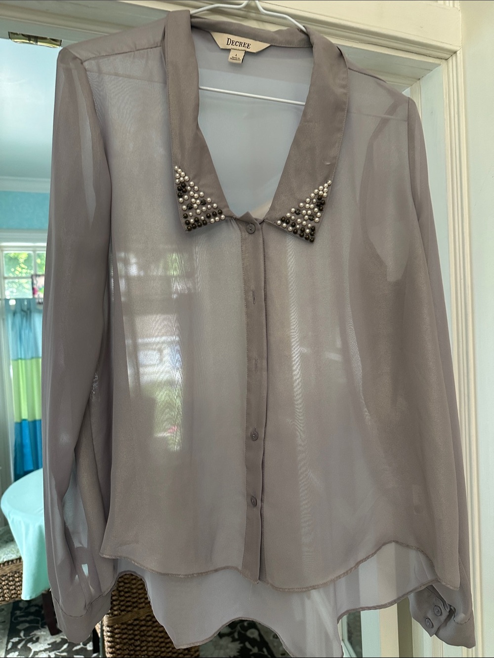 Decree Taupe Sheer Button-Up Blouse with Embellished Collar